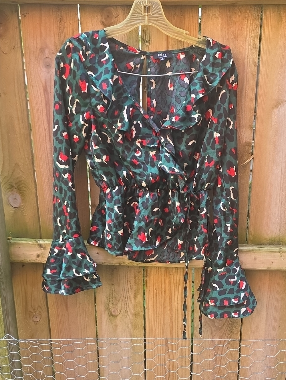 Green and Red Leopard-Print Ruffle Wrap Blouse